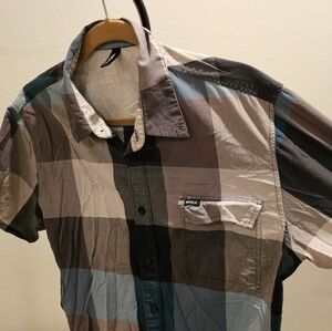 RVCA plaid short sleeve button-up blue and gray shirt